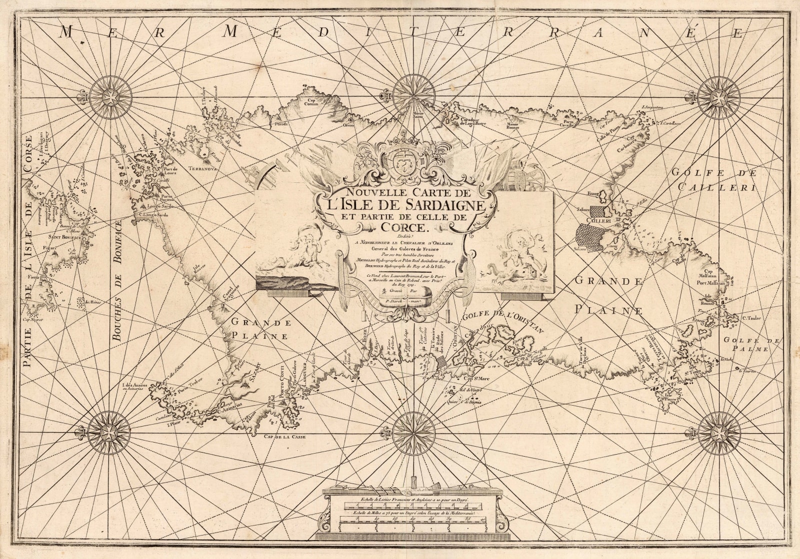 Henri Michelot and Laurent Brémond, Rare sea chart of Sardinia, 1719