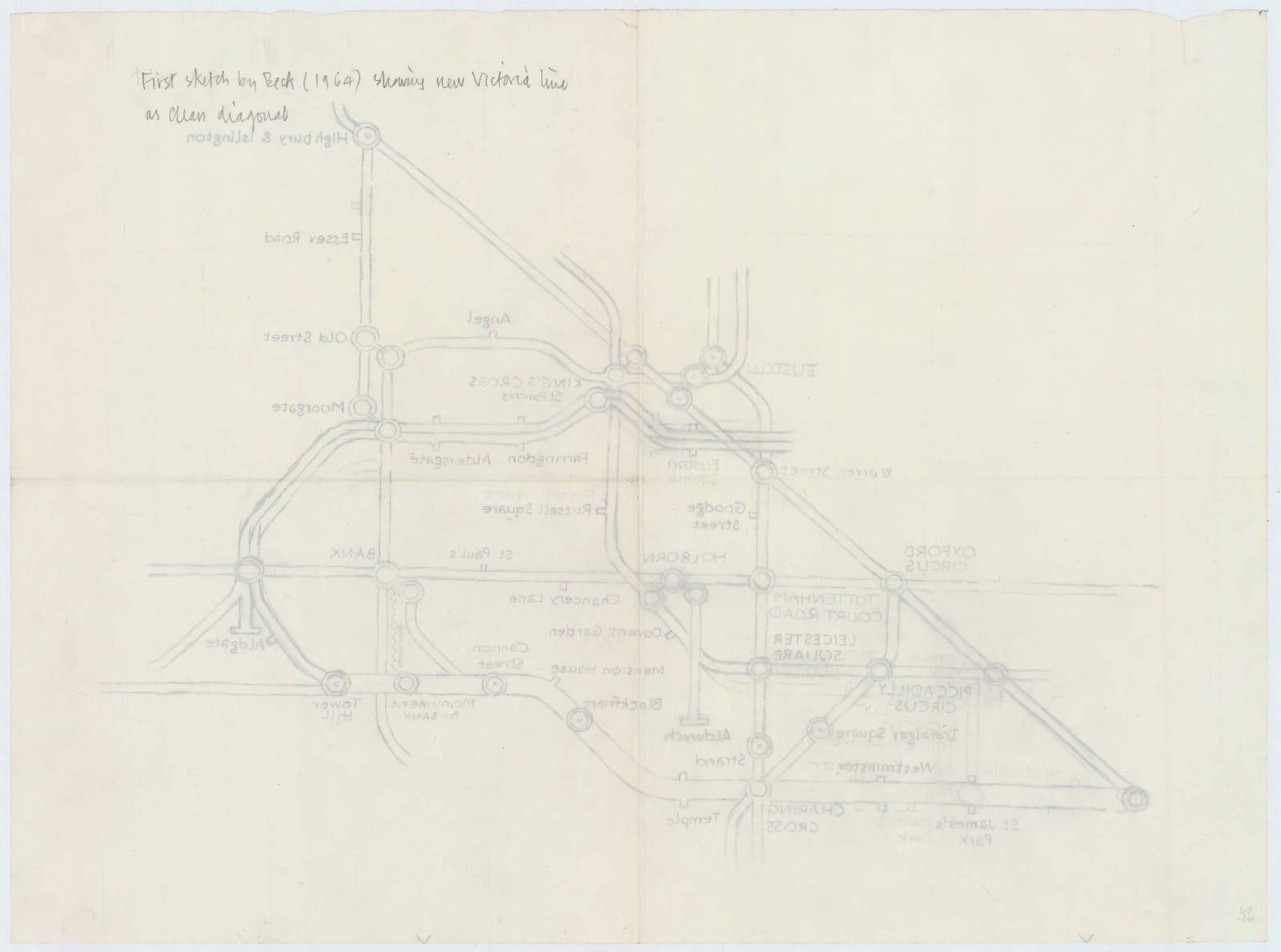 Harry Beck, Harry Beck's first sketch of a diagonal Victoria Line, 1964
