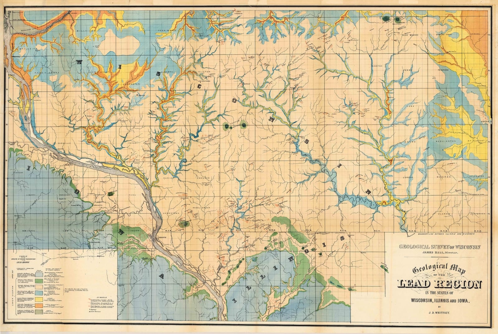 J.D. Whitney, Geological Map of the Lead Region in the States of Wisconsin, Illinois and Iowa, 1870 c.