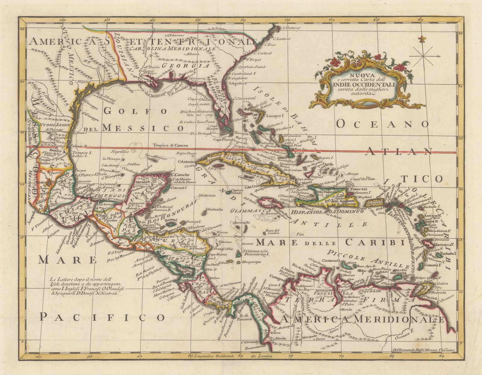 Veremondo Rossi, Italian map of Central America and the West Indies, 1763