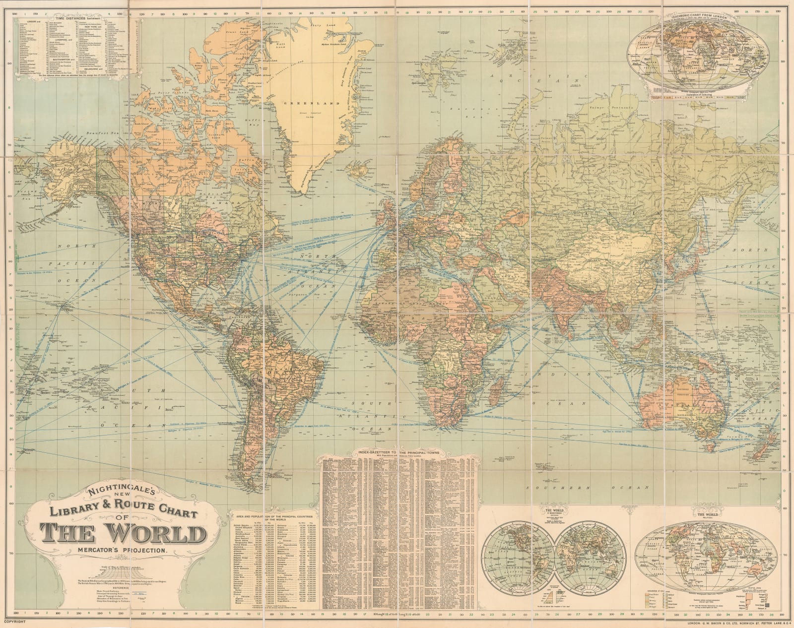 George W. Bacon, Nightingale's New Library & Route Chart of the World, 1920 (c.)