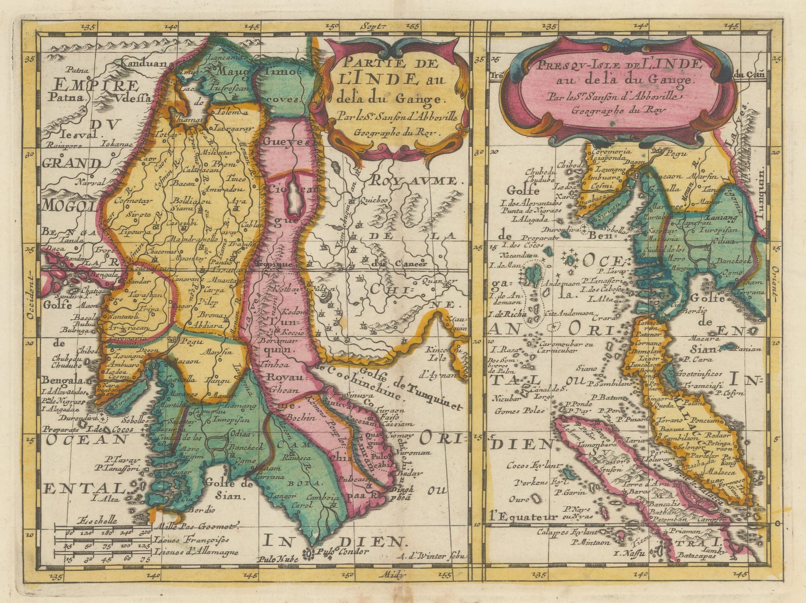 Nicolas & Guillaume Sanson, Myanmar, Laos, Thailand, Cambodia, Vietnam and Malay Peninsula, 1700