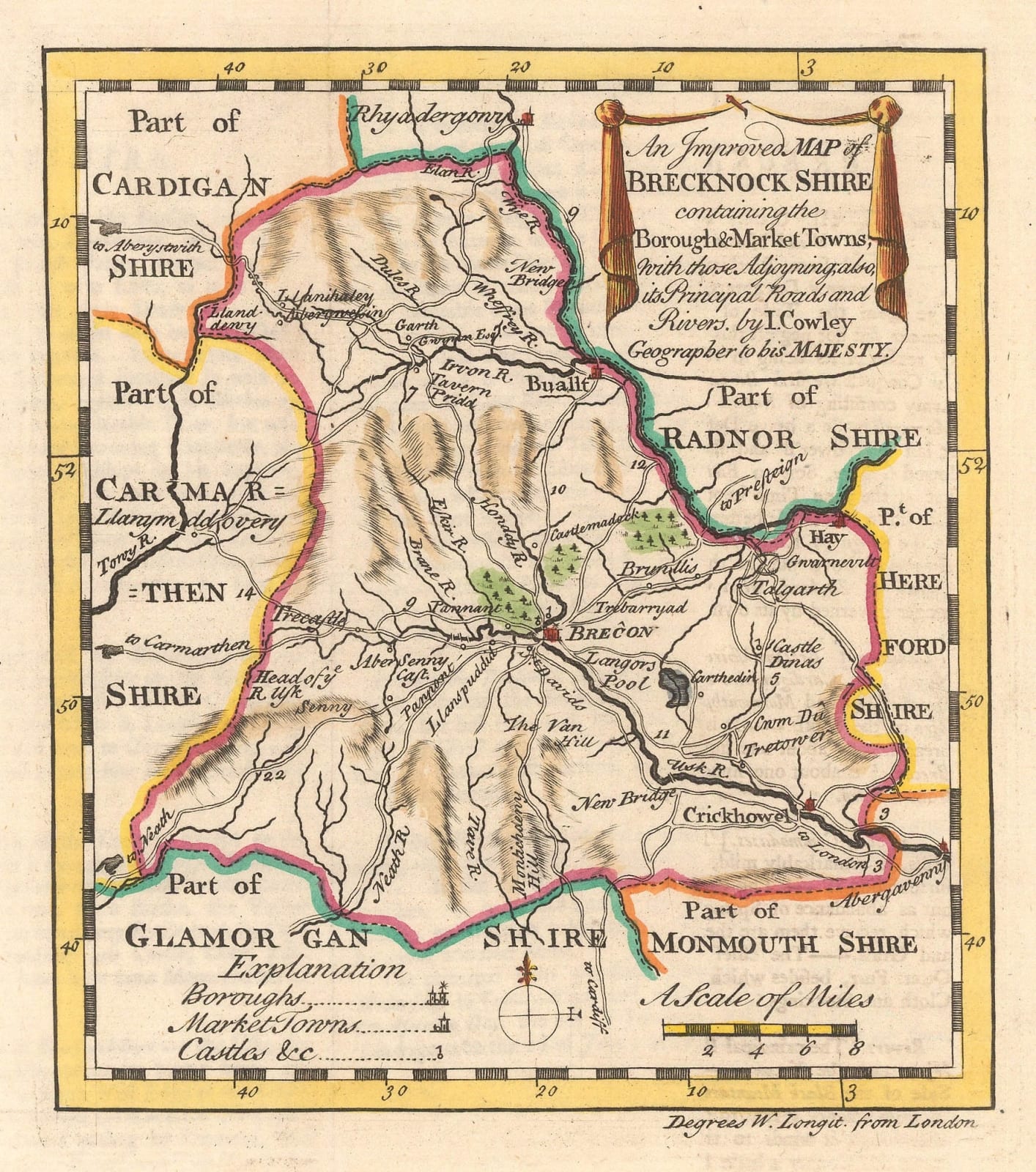 John Cowley, An Improved Map of Brecknockshire, 1744