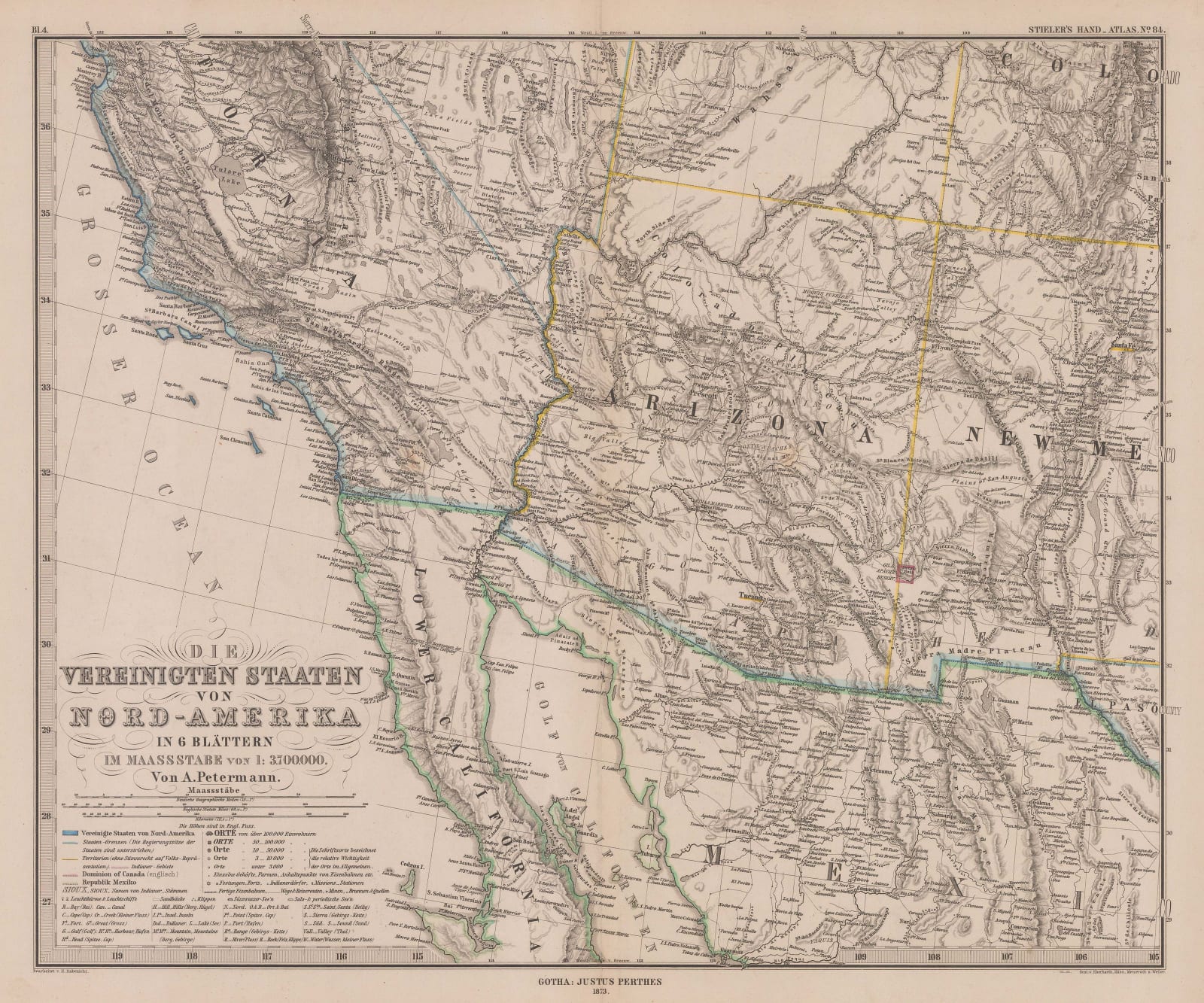 Justus Perthes, Southern California and Nevada, Arizona and western New Mexico, 1877