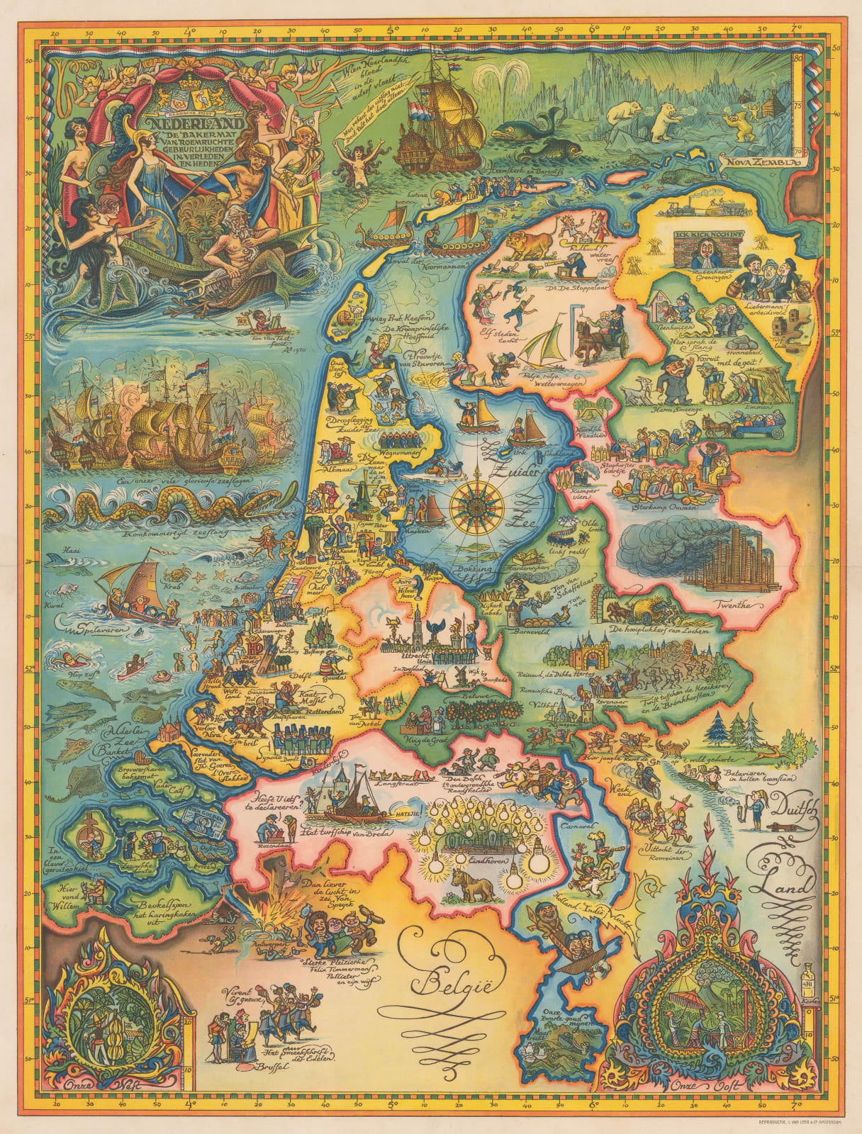 Anton van der Valk, Humorous pictorial map of Dutch history, 1930