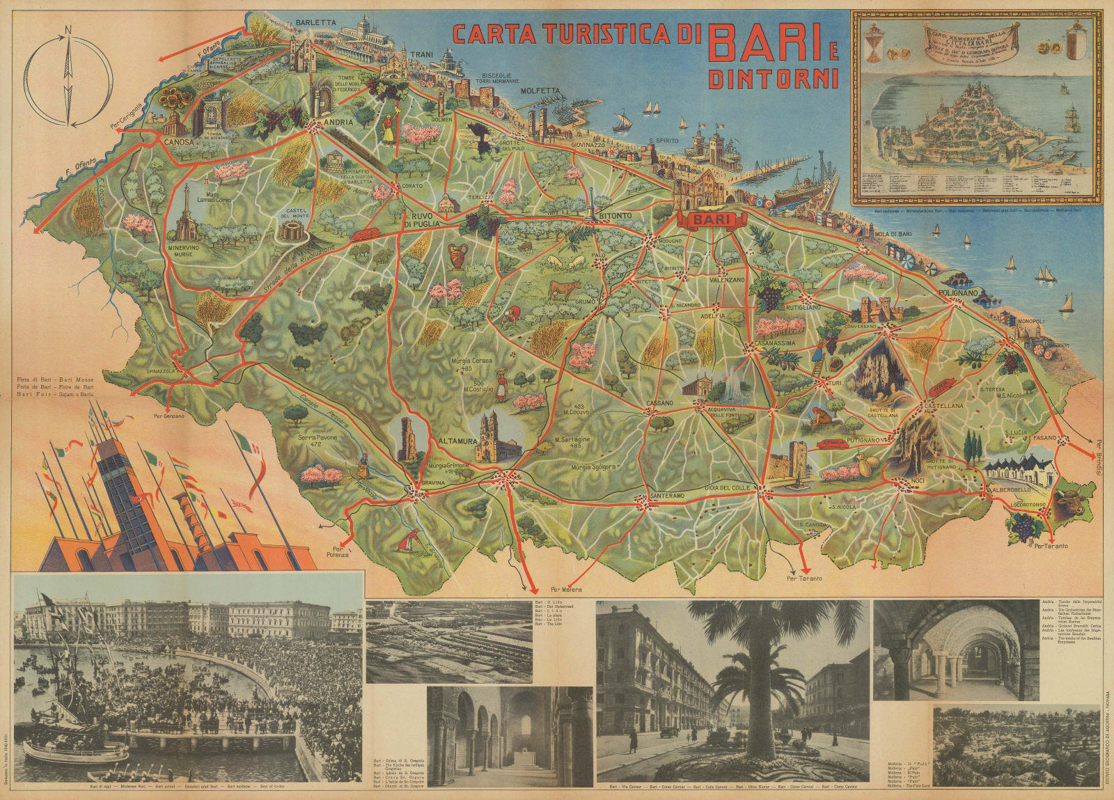 Ente Nazionale Industrie Turistiche (ENIT), Tourist Map of Bari, Puglia, 1940