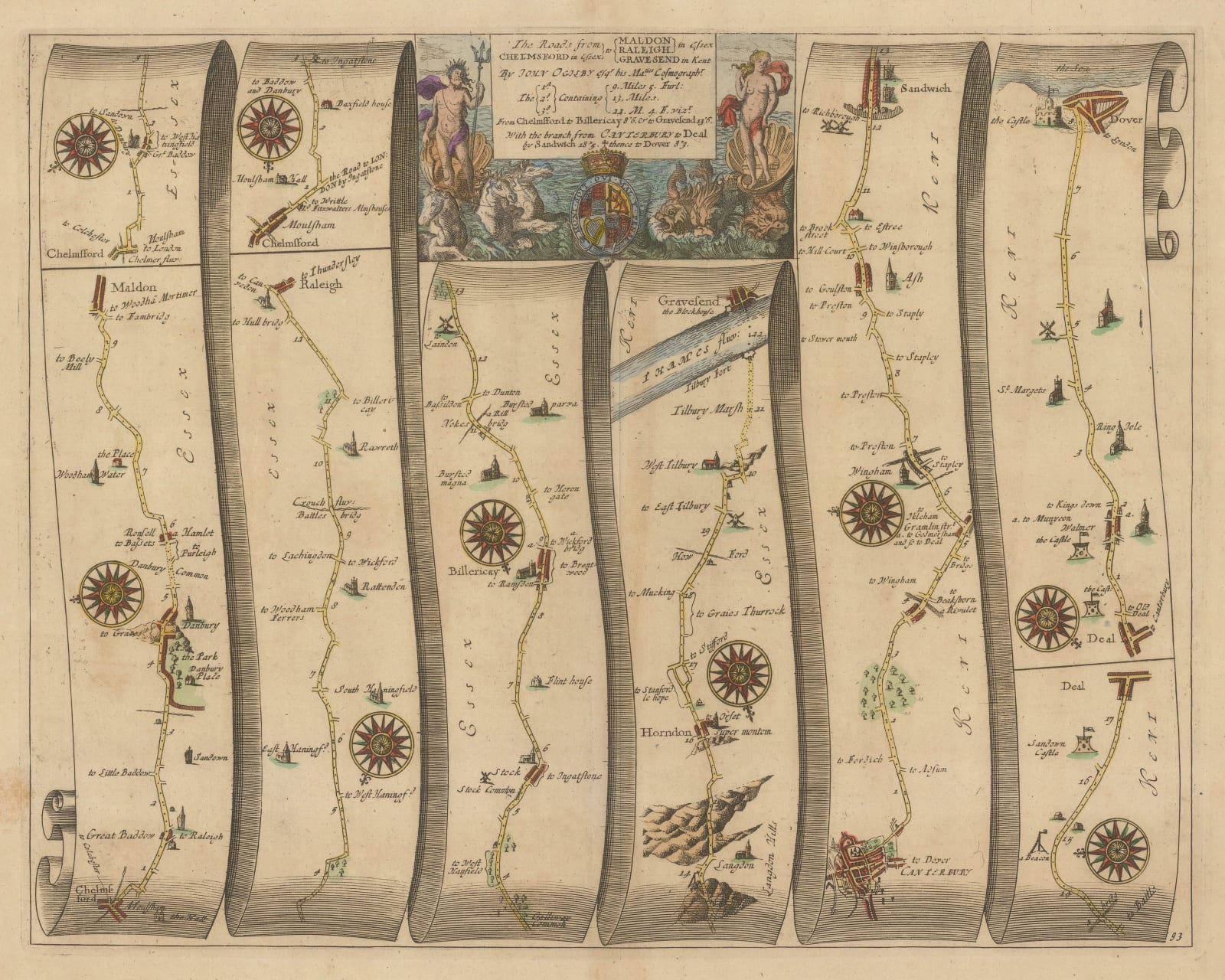 John Ogilby, The Roads from Chelmsford in Essex to Maldon, Raleigh, Gravesend, 1698