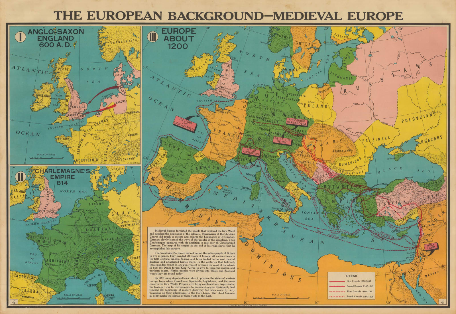 Franklin Scott, Vintage school map of Medieval Europe, 1954