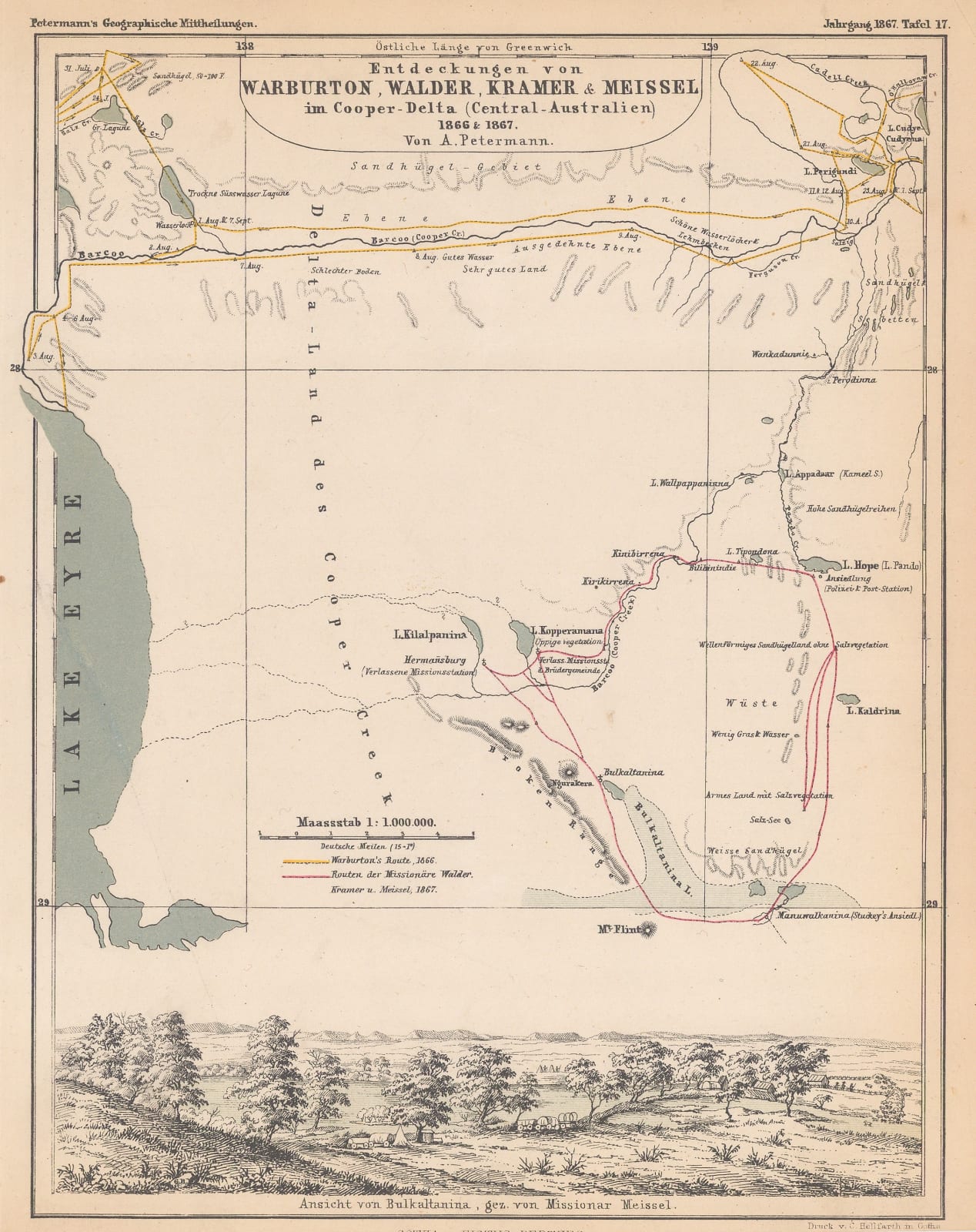Justus Perthes, North and east shores of Lake Eyre, routes of Egerton-Warburton, Walder, Kramer, and Meissel, 1867