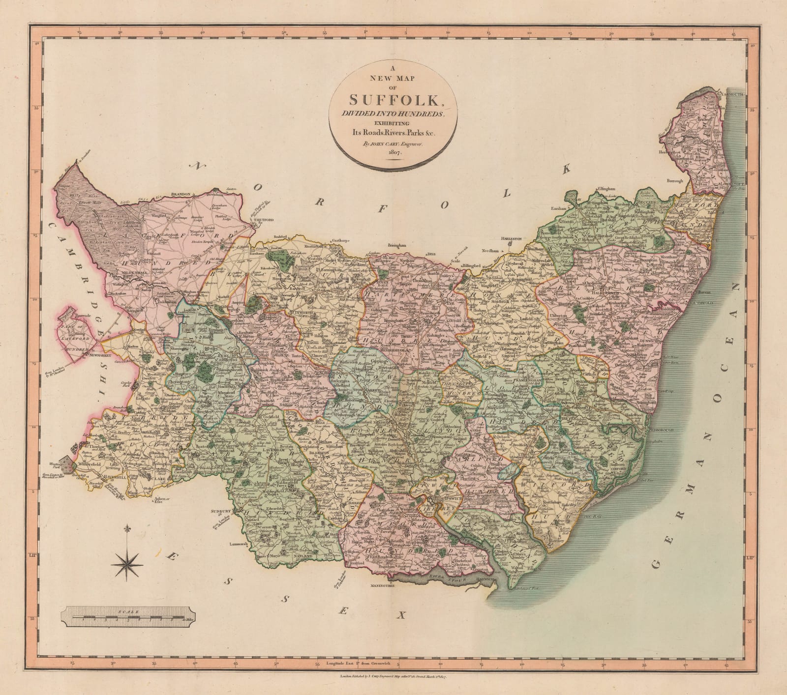 John Cary, A New Map of Suffolk, divided into Hundreds, exhibiting it's Roads, Rivers, Parks, &c., 1807