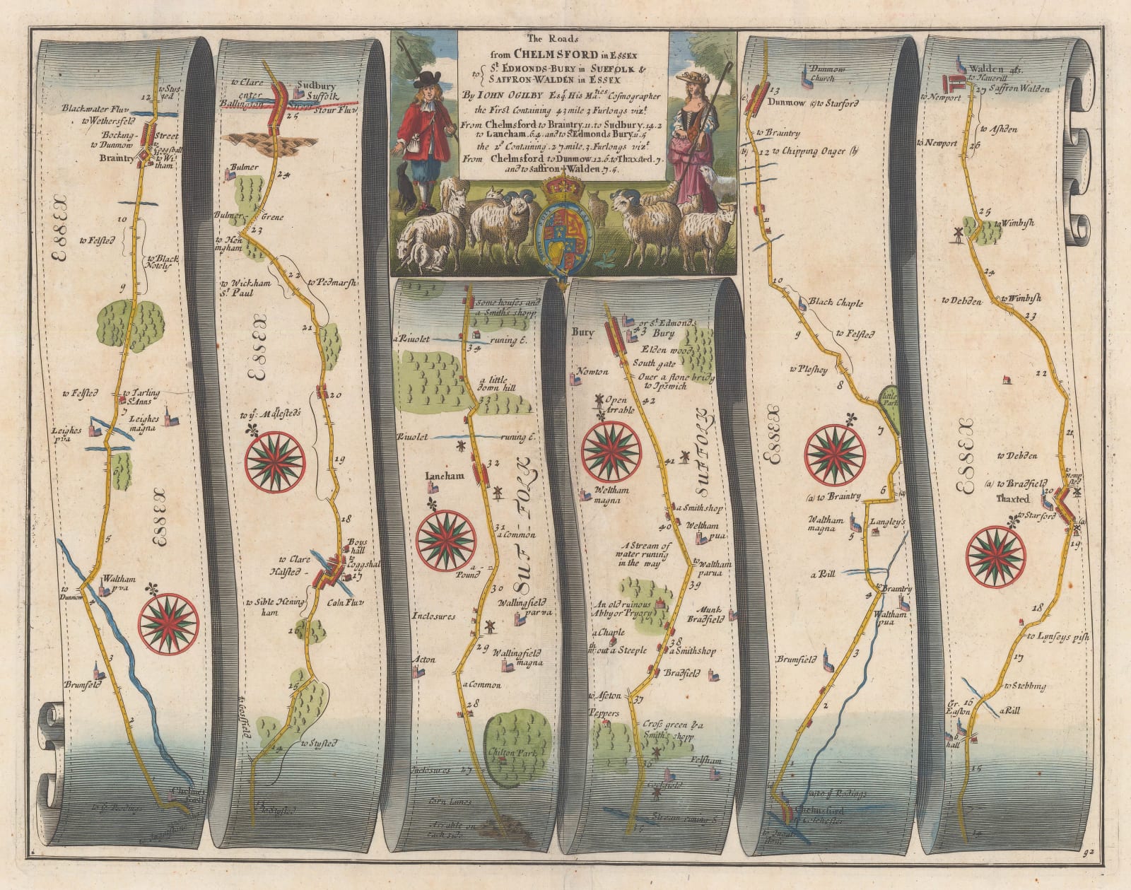 John Ogilby, The Roads from Chelmsford in Essex to St. Edmonds-Bury in Suffolk & Saffron-Walden in Essex, 1698