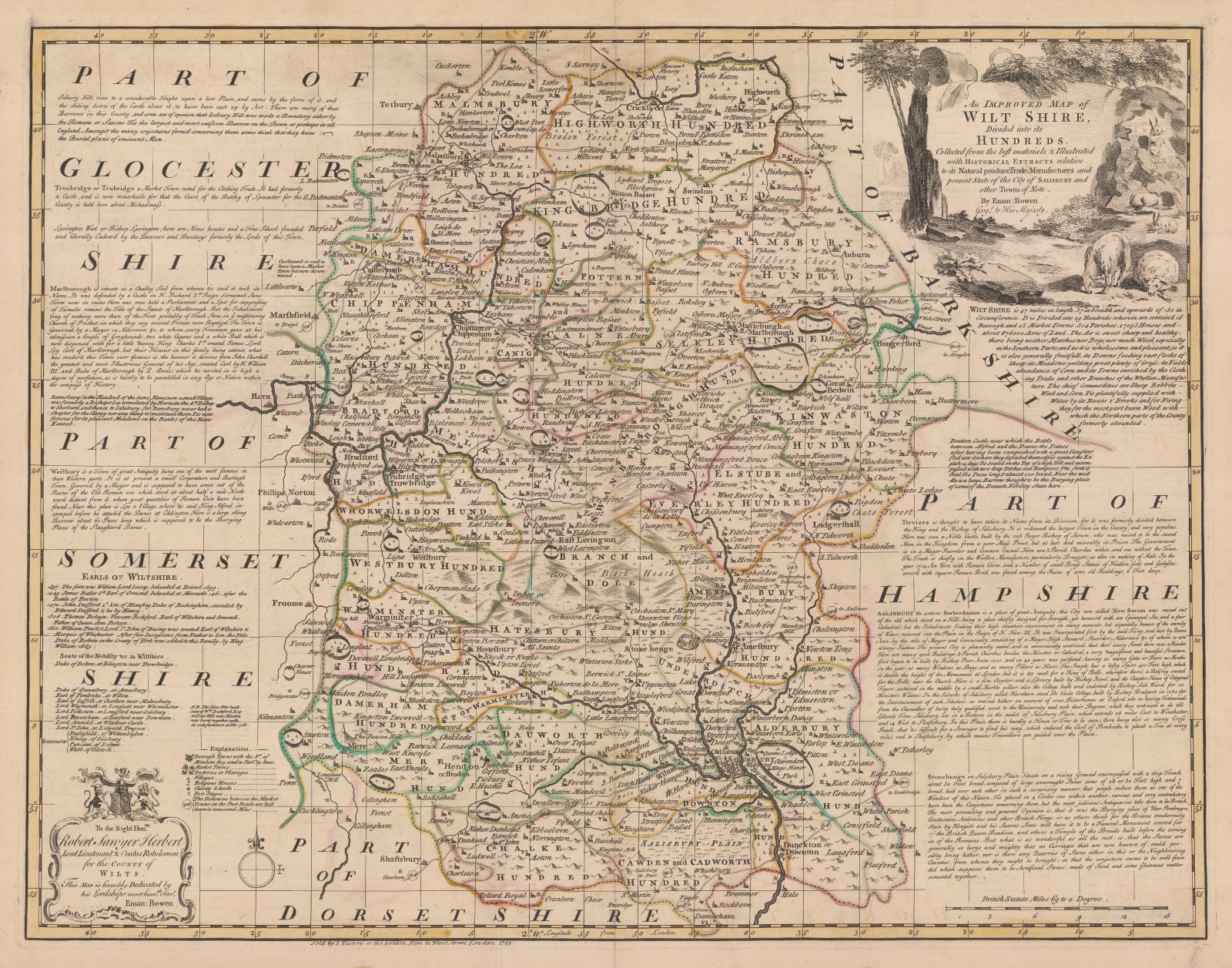 Emanuel Bowen, An Improved Map of Wiltshire Divided into its Hundreds, 1760 c