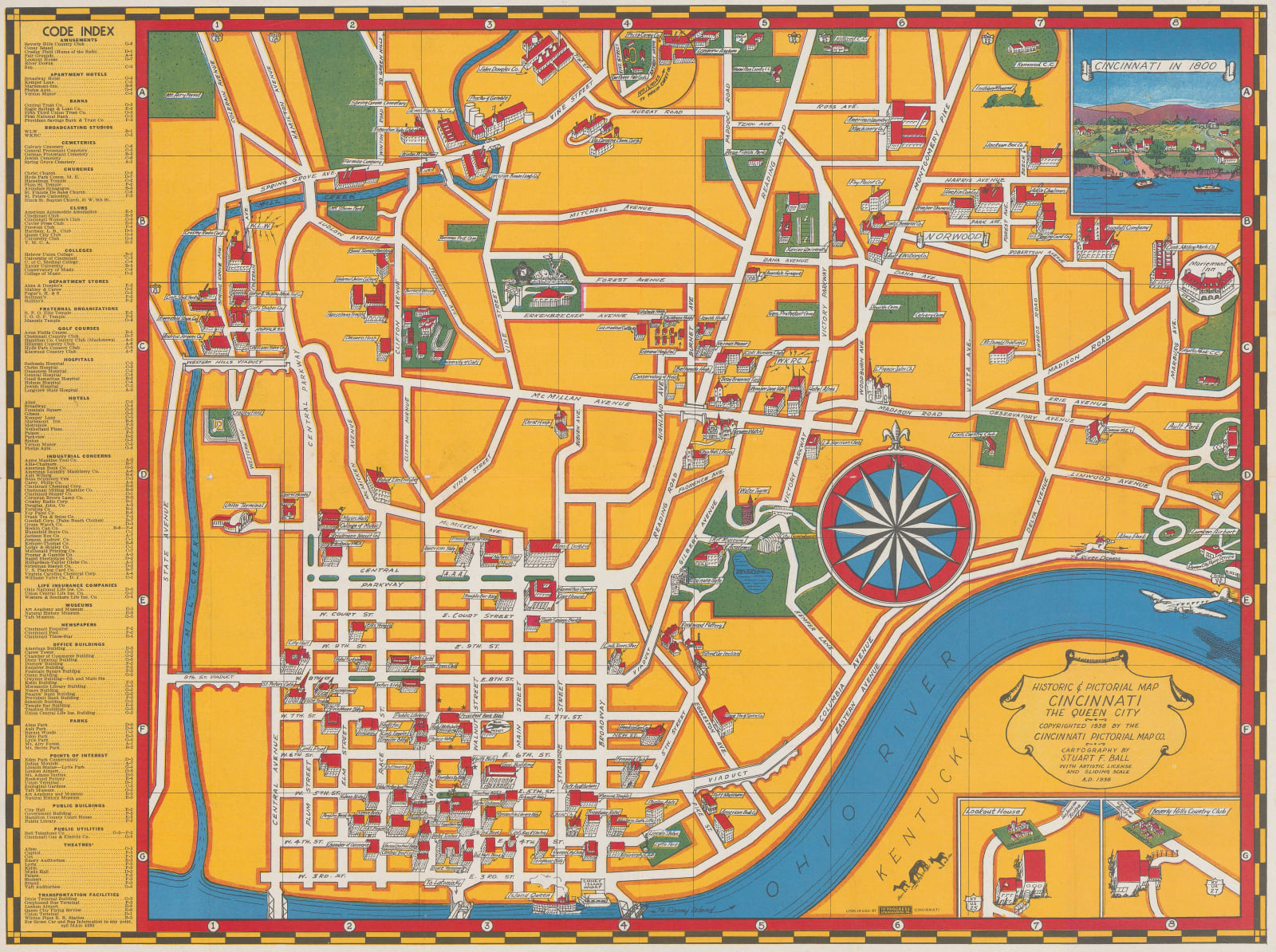 Stuart F. Ball, Pictorial Map of Cincinnati, 1938