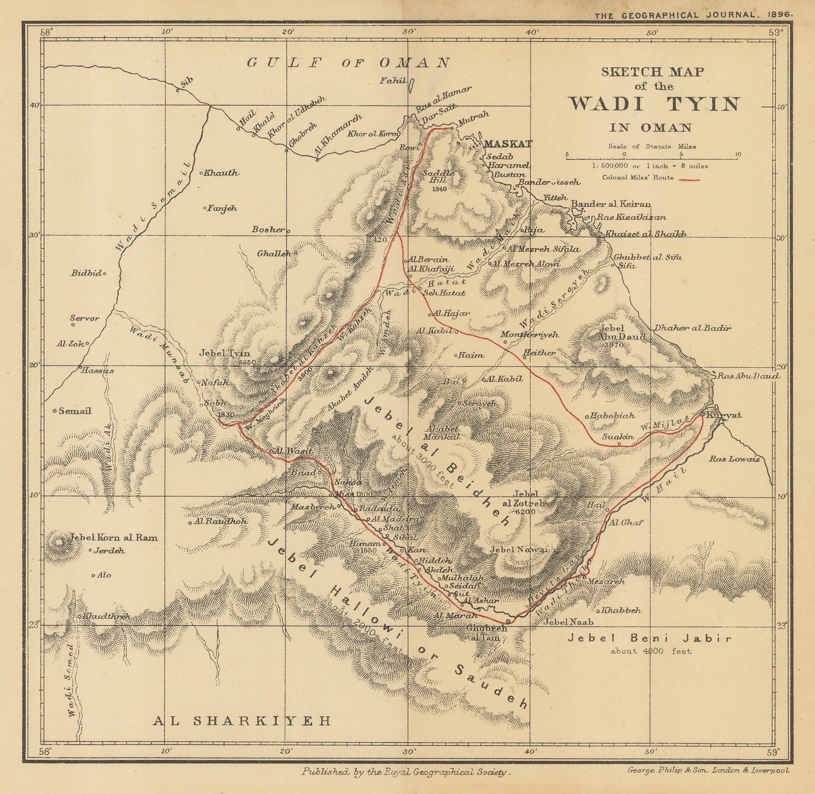 Royal Geographical Society (RGS), Sketch Map of the Wadi Tyin in Oman, 1896