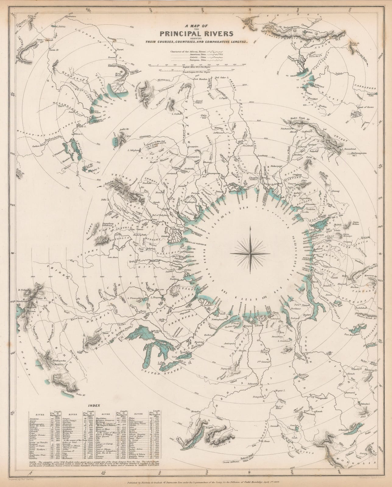 Society for the Diffusion of Useful Knowledge (SDUK), A Map of the Principal Rivers shewing their Courses, Countries, and Comparative Lengths, 1844