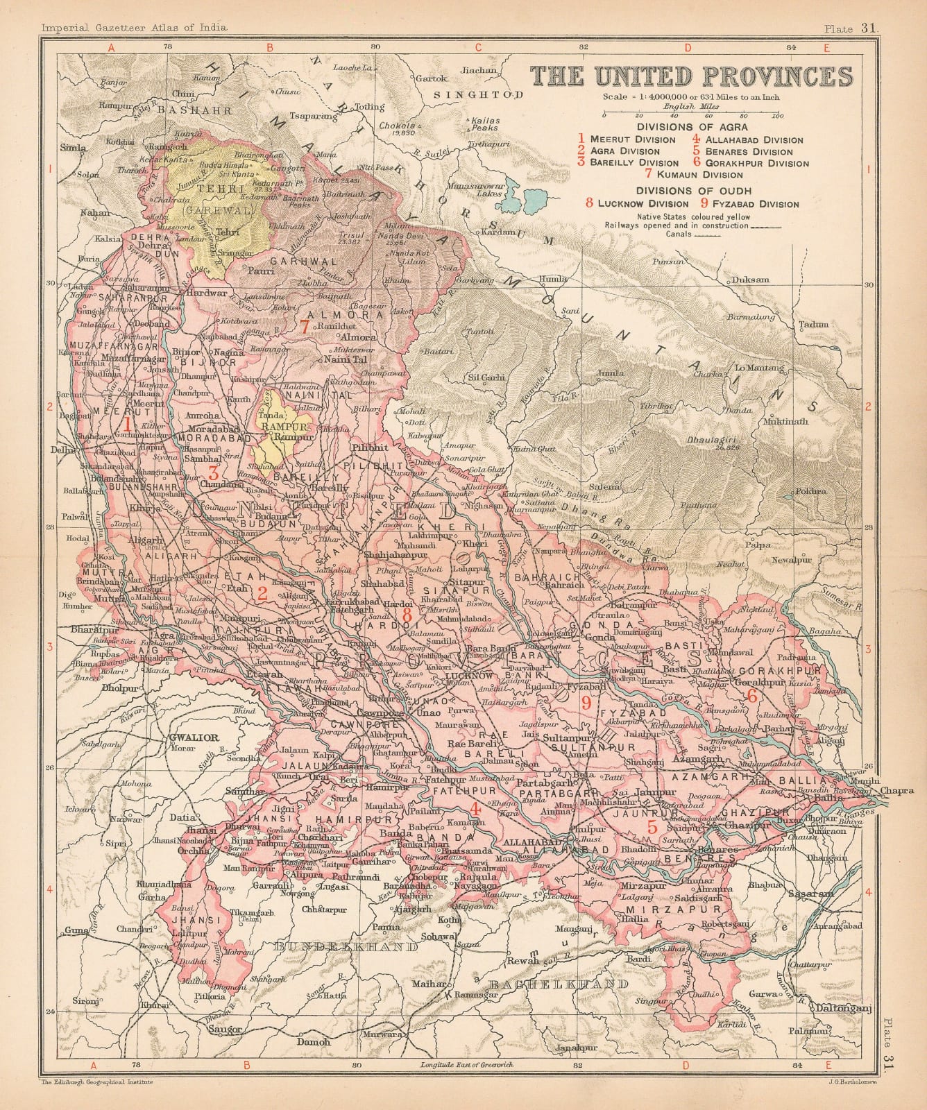 J.G. Bartholomew, Uttar Pradesh and Uttarakhand (The United Provinces of Agra and Oudh), 1909