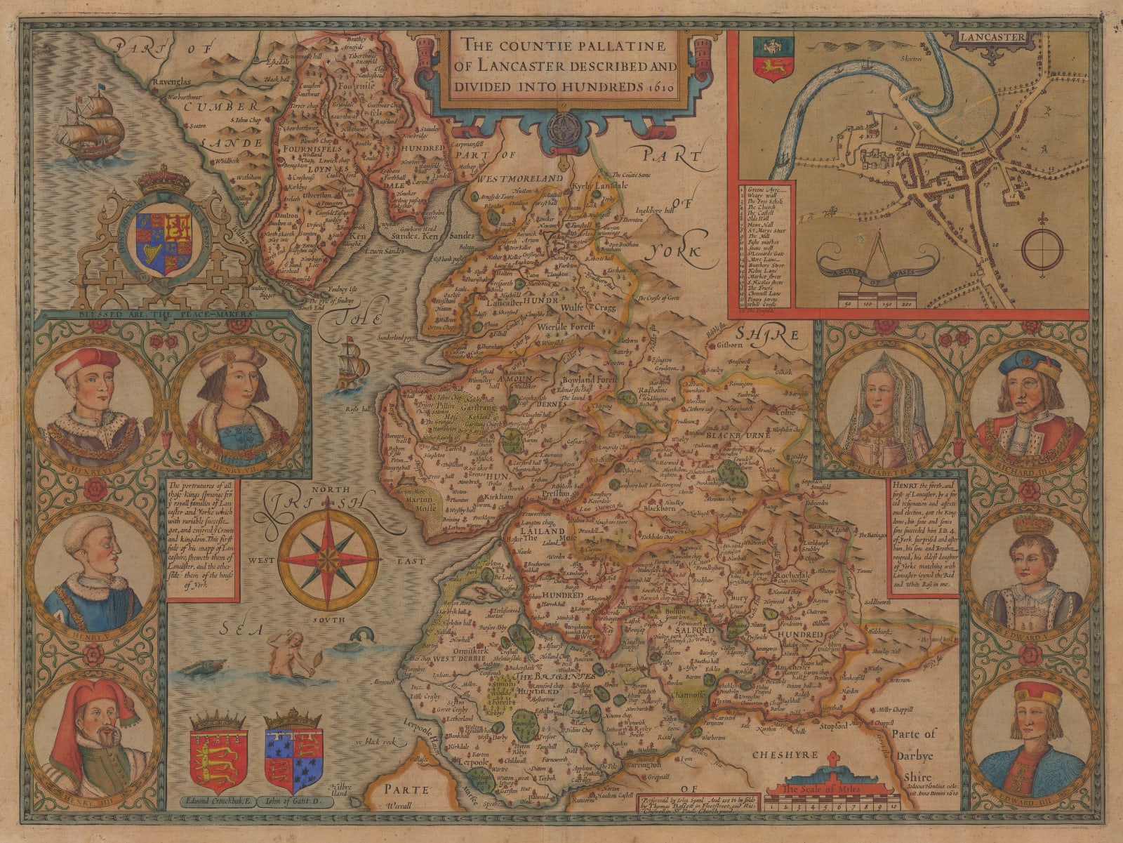 John Speed, The Countie Pallatine of Lancaster Described and Divided into Hundreds, 1676