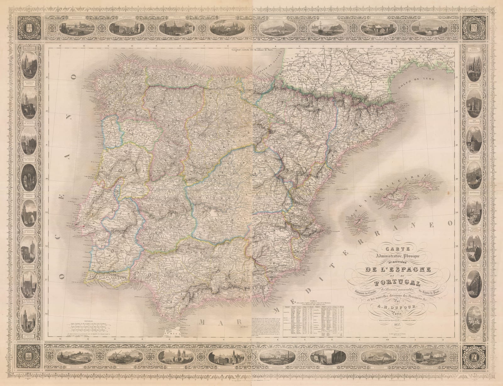 Auguste-Henri Dufour, Iberian peninsula with border of Spanish cities, 1857