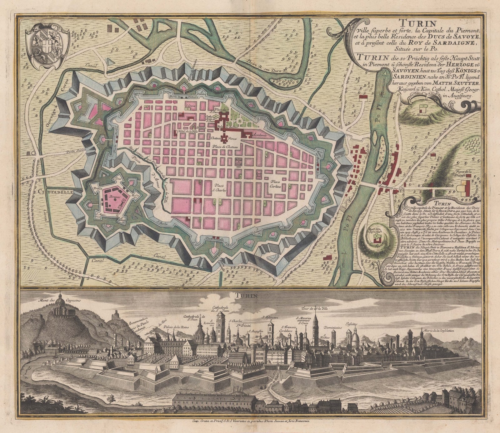 Matthaus Seutter, City plan and panorama of Turin, 1730 c.