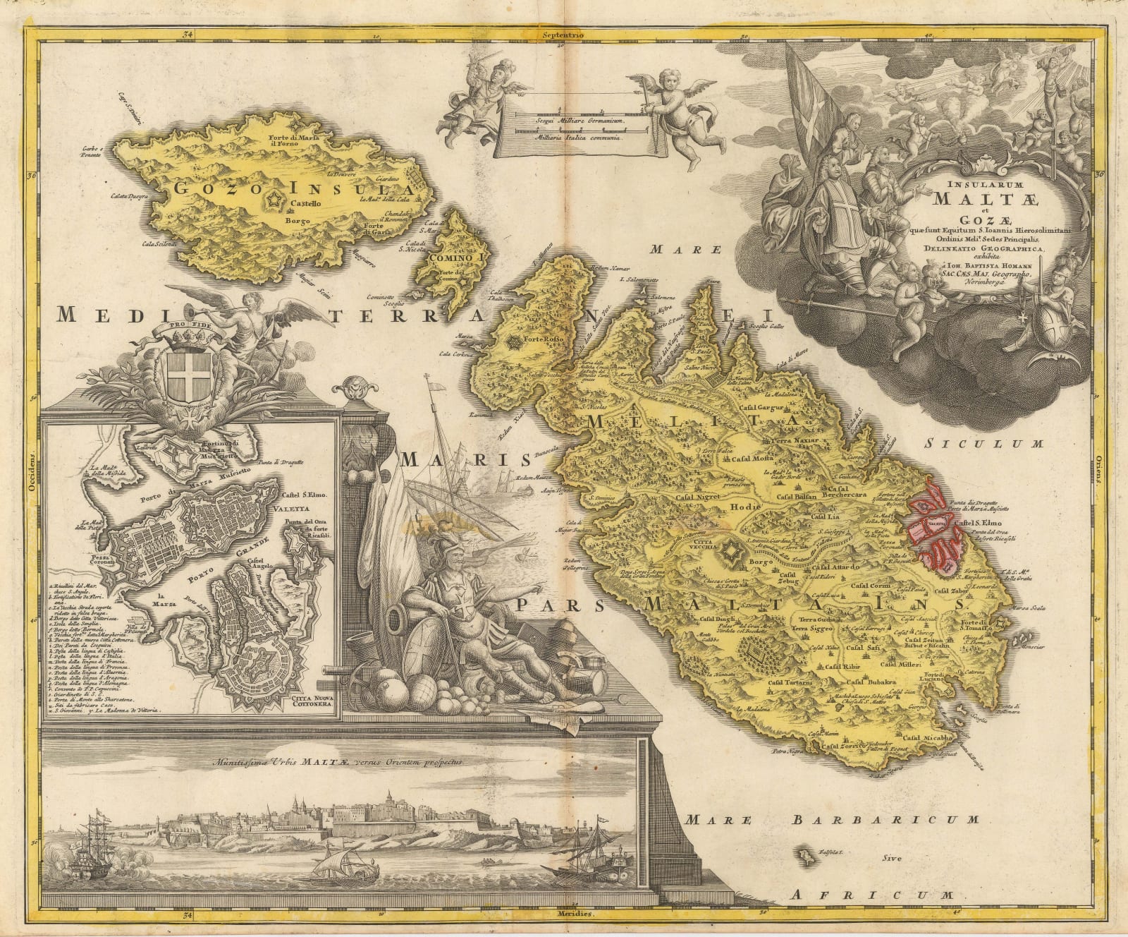 Johann Baptist Homann, Malta and Gozo with panorama of Valetta, 1720 c.