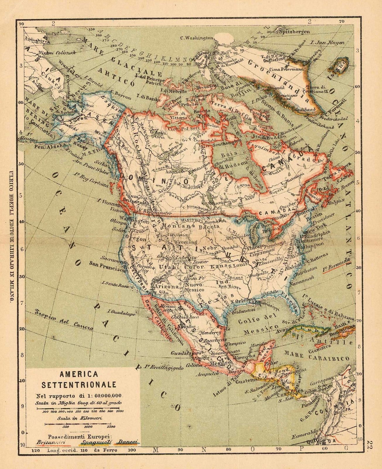 Ulrico Hoepli, Miniature map of North America, 1897