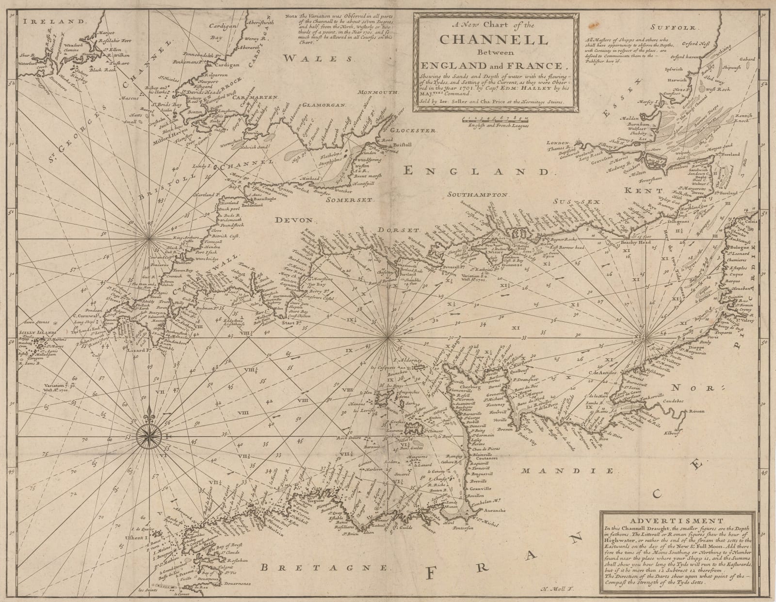 Herman Moll, A New Chart of the Channell between England and France, 1705 c.