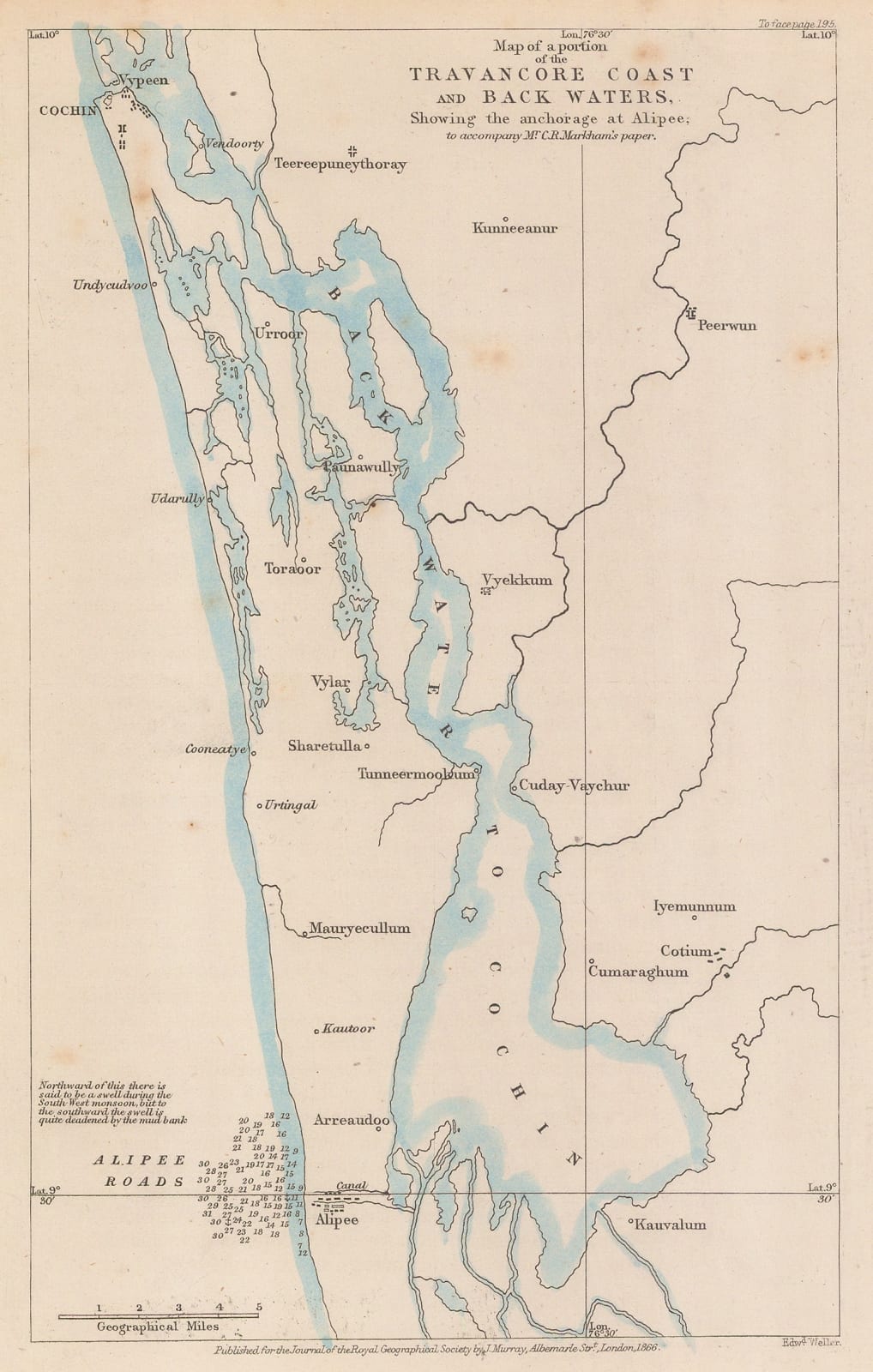 Royal Geographical Society (RGS), Map of the Coast of Travancore Coast and Black Waters, showing the anchorage at Alipee, 1866