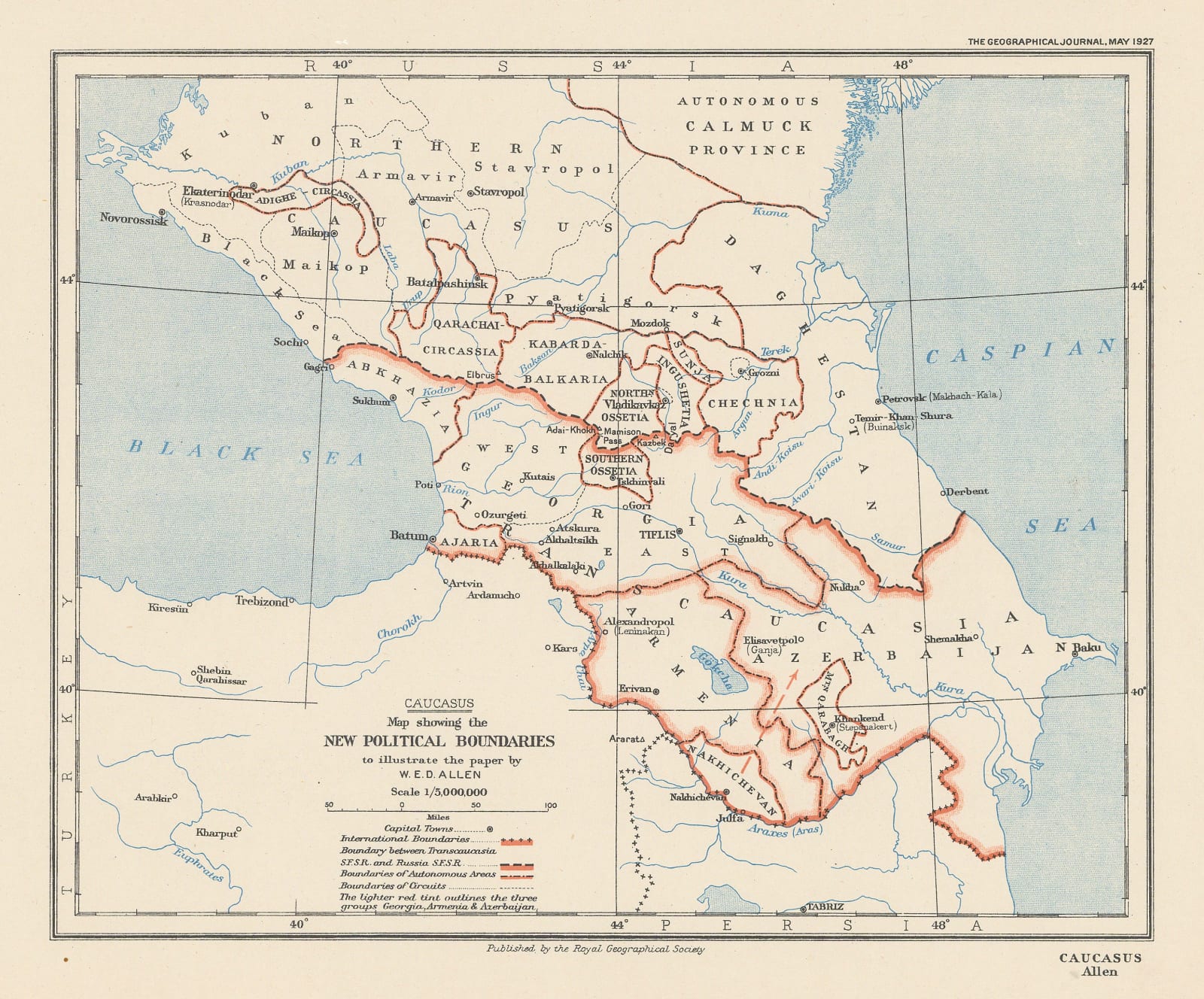Royal Geographical Society (RGS), Caucasus: Map Showing the New Political Boundaries, 1927