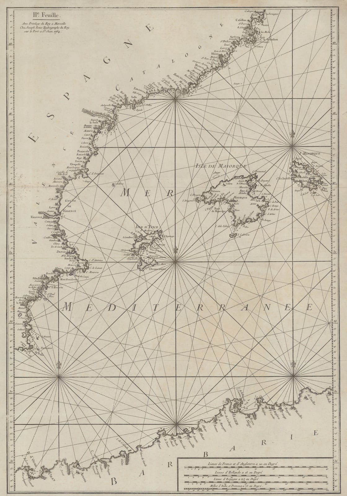 Joseph Roux, Rare Sea Chart of the Balearic Islands, 1764