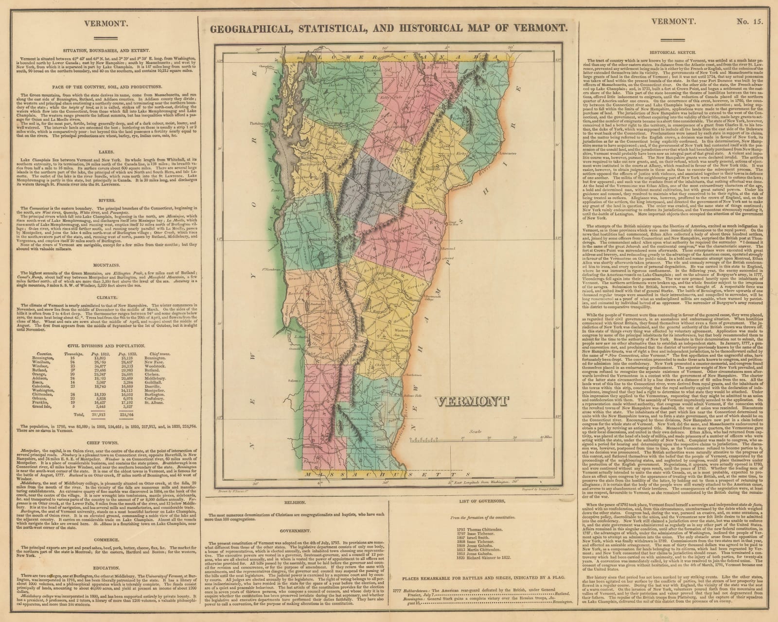 Carey & Lea, Geographical, Statistical and Historical map of Vermont, 1822