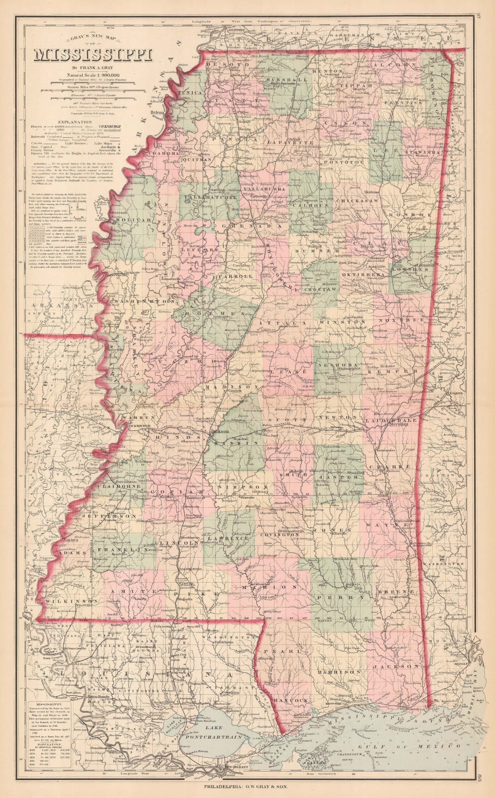 Frank Arnold Gray, Gray's New Map of Mississippi, 1878 c.