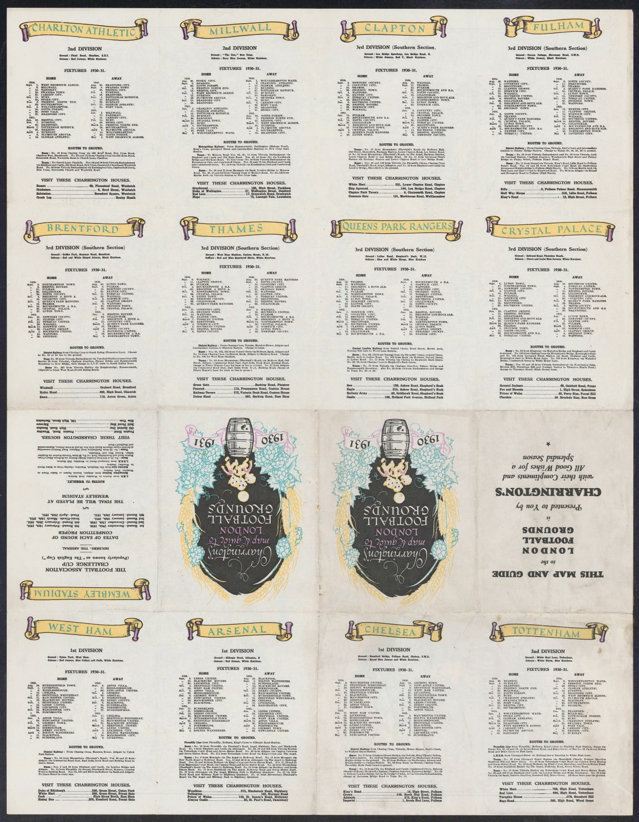 Charrington Brewery, Charrington's Map & Guide to London Football Grounds, 1930