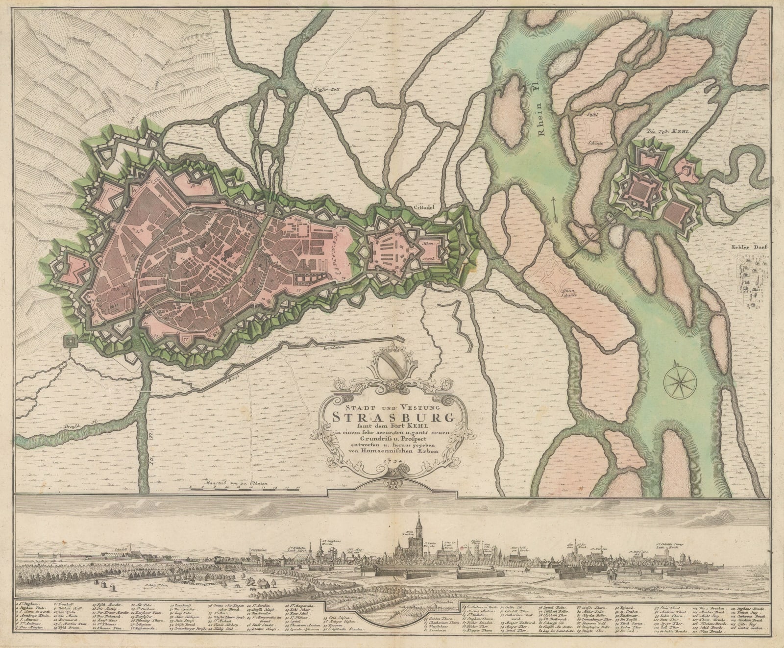 Homann Heirs, City plan and panorama of Strasbourg, 1734