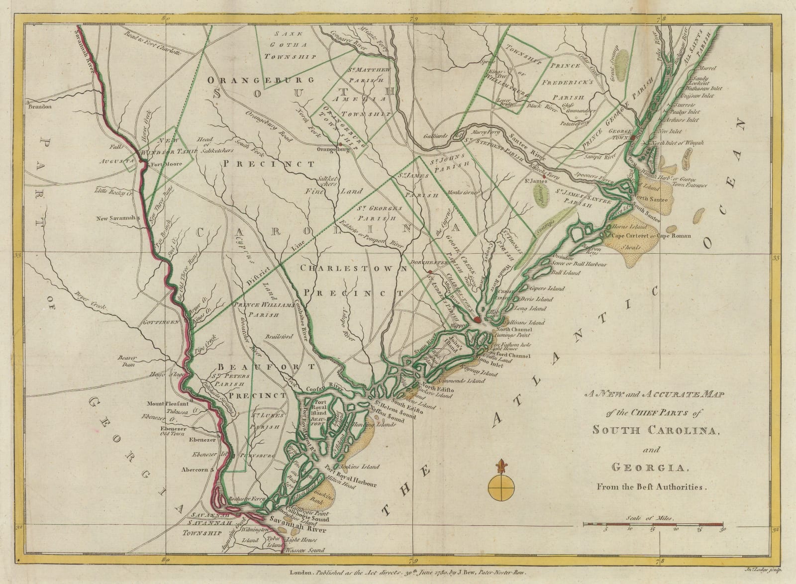 John Bew, A New and Accurate Map of the Chief Parts of South Carolina and Georgia, 1780