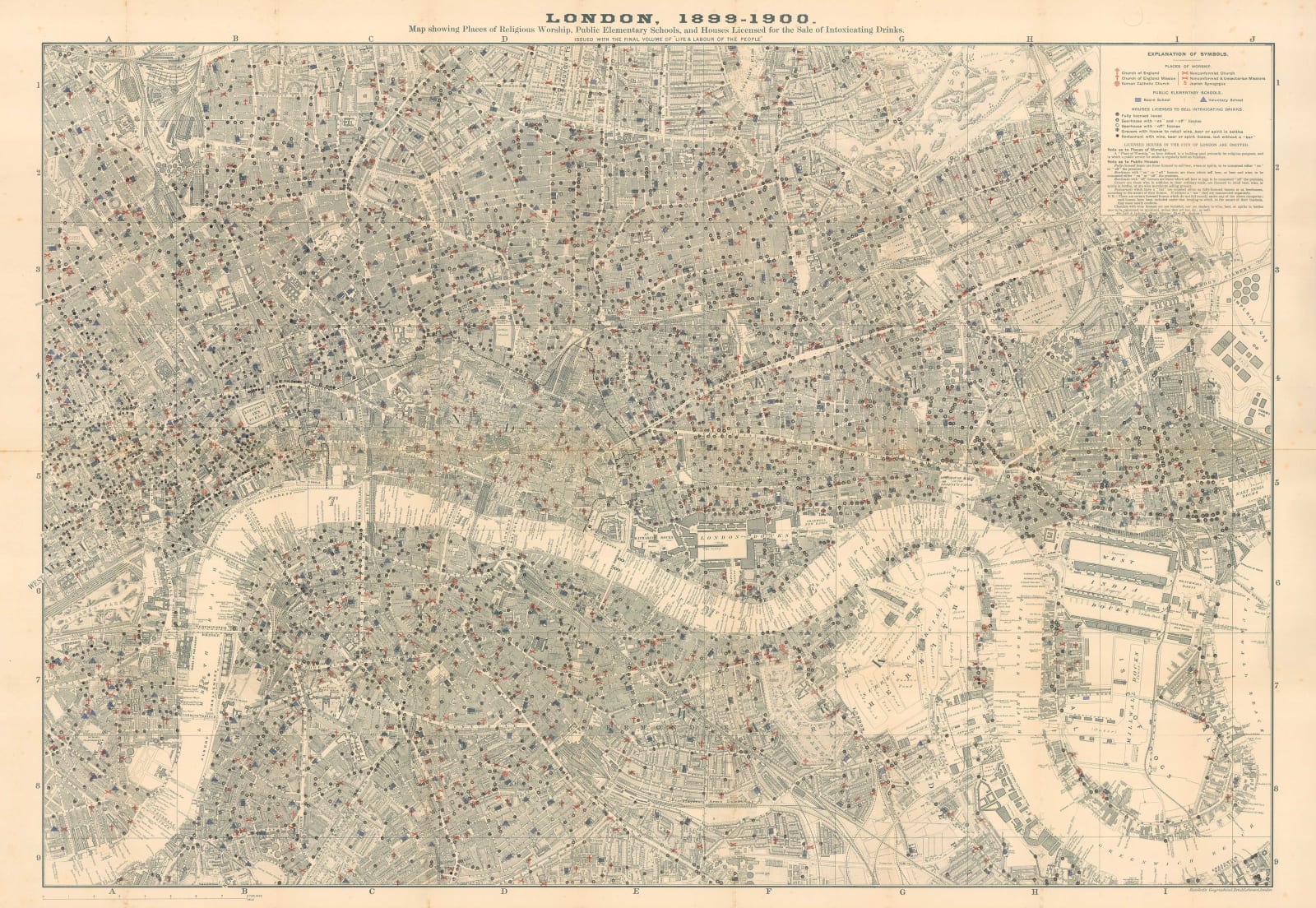 Charles Booth, Map Showing Places of Religious Worship, Public Elementary Schools, and Houses Licensed for the Sale of Intoxicating Drinks, 1900