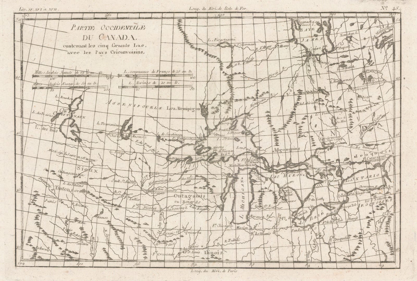 Rigobert Bonne, Ontario, the Great Lakes & the US Midwest, 1780 c