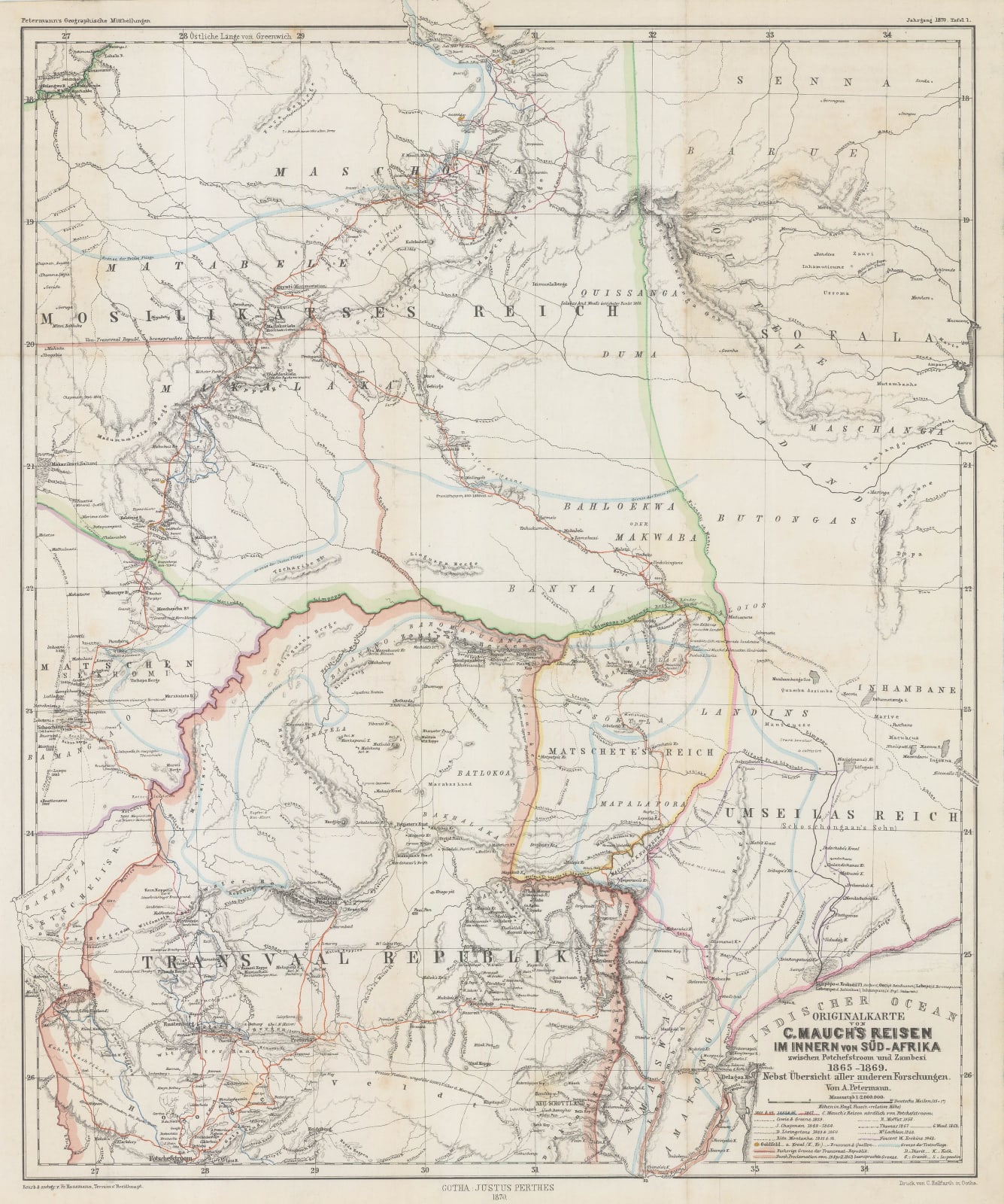 Justus Perthes, Interior of South Africa, Botswana, and Zimbabwe, 1870