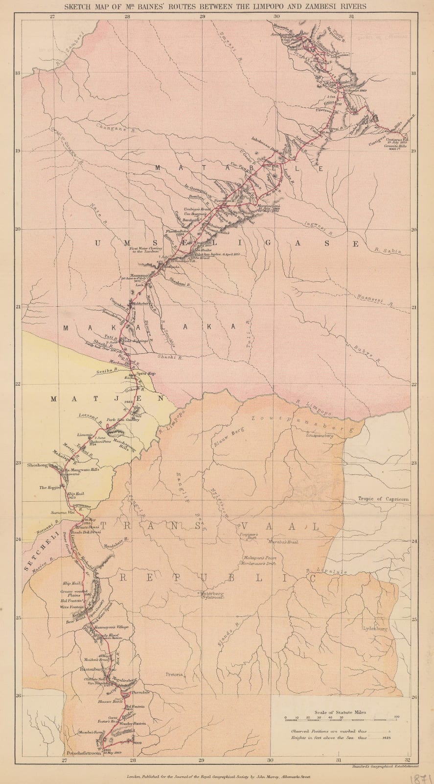 Royal Geographical Society (RGS), Sketch Map of Mr. Baines' Routes Between the Limpopo and Zambesi Rivers, 1871