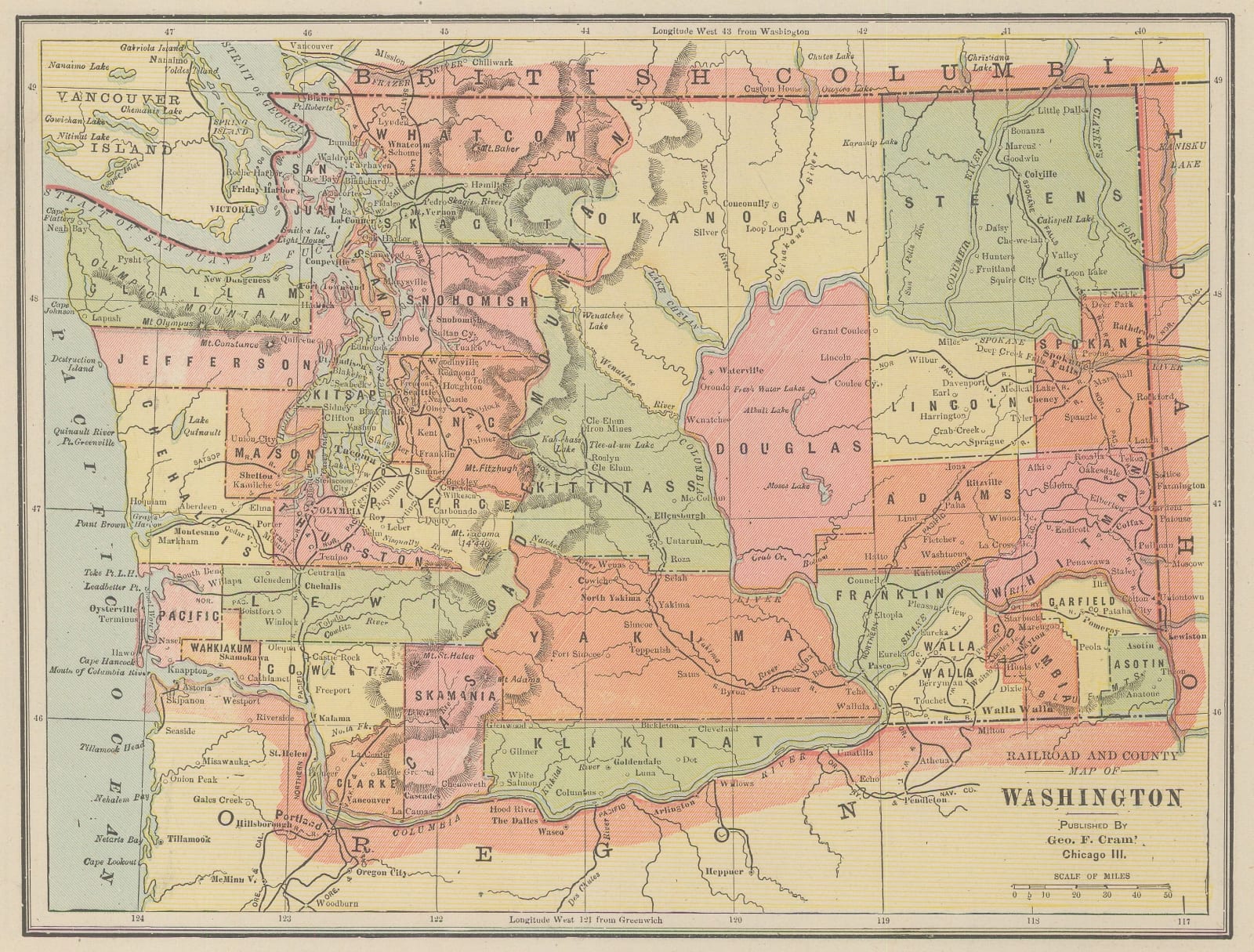 Eugenia & Henry Goff, Railroad and County Map of Washington, 1893