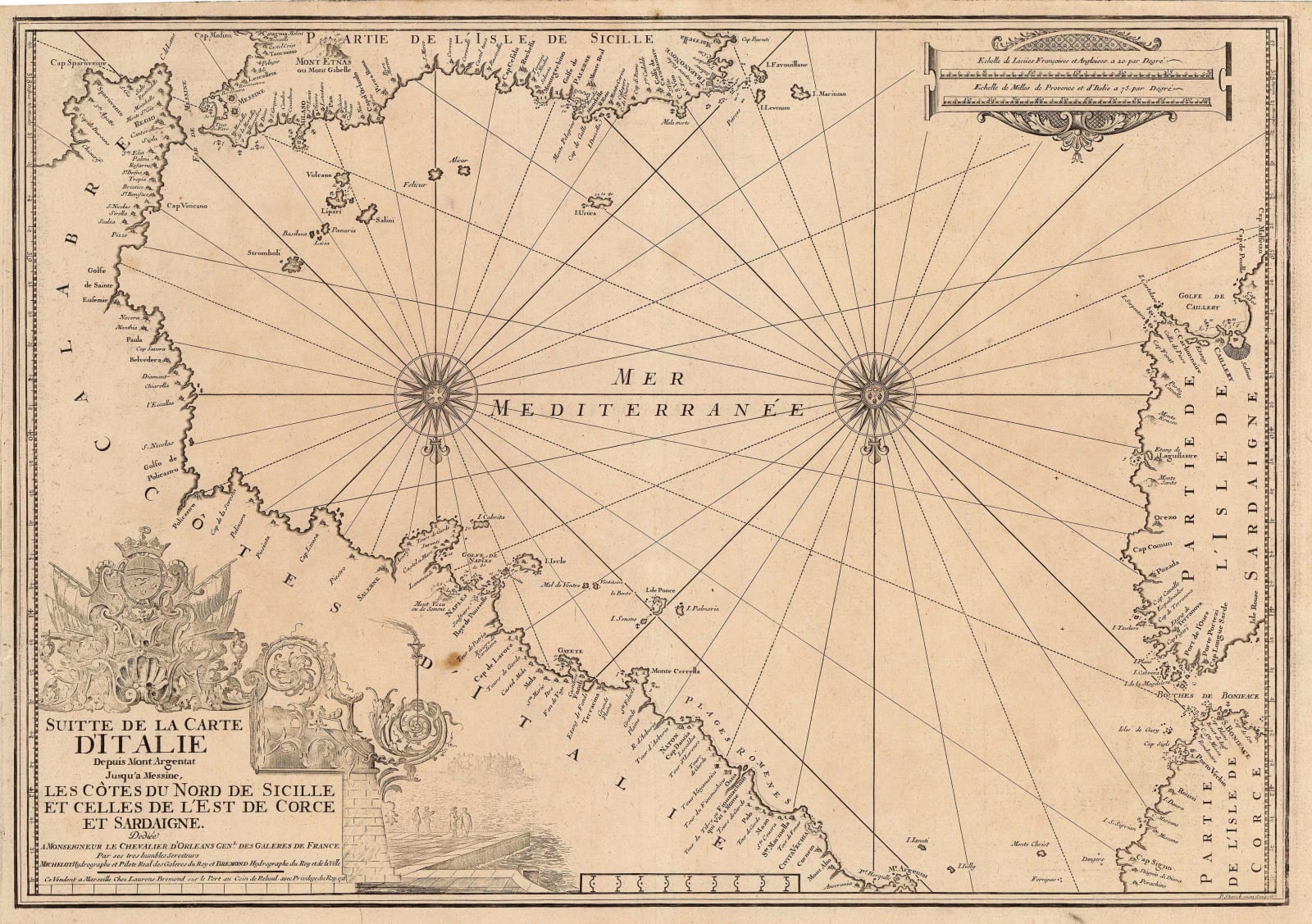 Henri Michelot and Laurent Brémond, Rare chart of the southwest coast of Italy, 1715