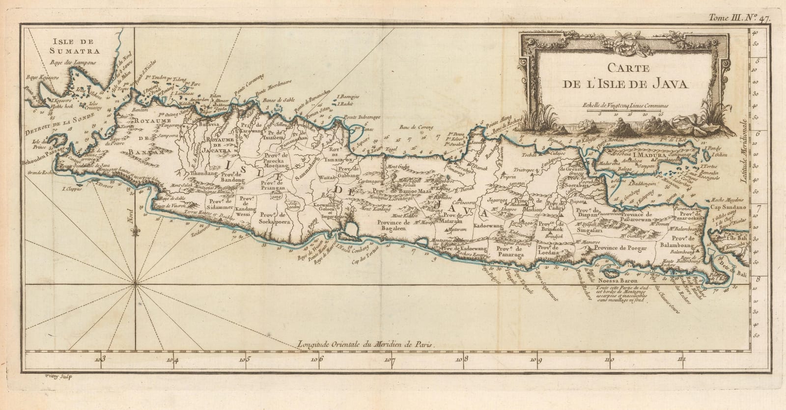 Jacques-Nicolas Bellin, French map of Java, 1764
