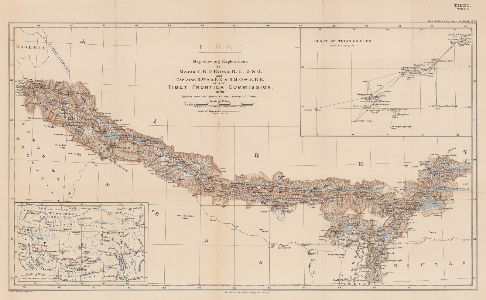 Royal Geographical Society (RGS), Tibet, Map showing Explorations by Major C. H. D. Ryder RE DSO and Captains H. Wood RE & H. W. Cowie RE of the Tibet Frontier Commission 1904, 1905