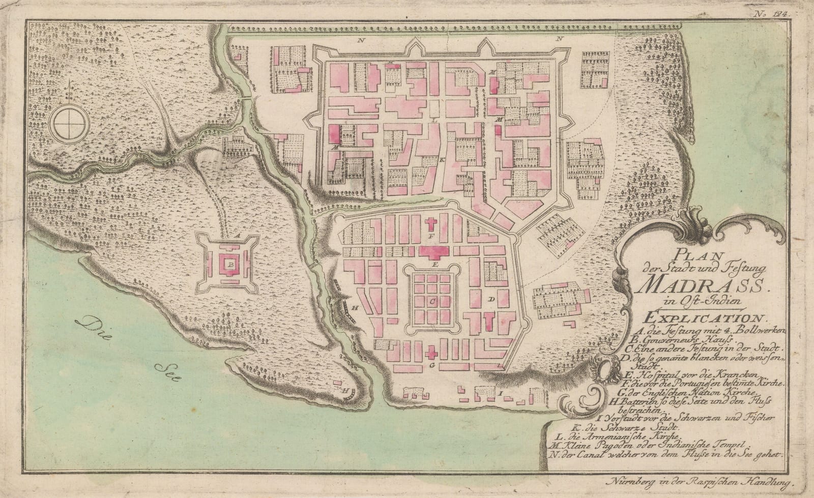 Gabriel Nikolaus Raspe, Scarce map of Chennai (Madras), 1760 c.