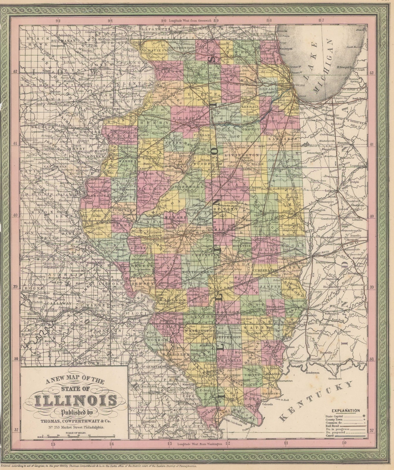 Samuel Augustus Mitchell, A New Map of the State of Illinois, 1850