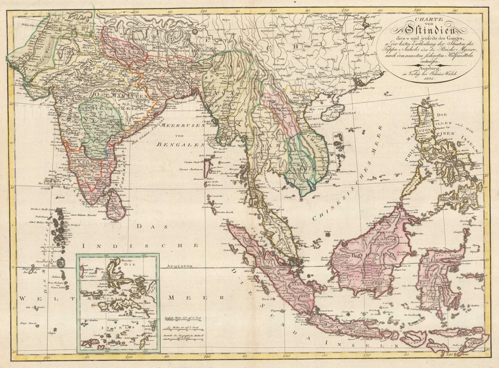 Johann Walch, German map of India and Southeast Asia, 1805