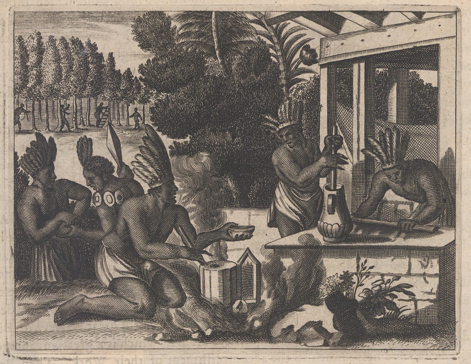 John Ogilby, Peru - Incan Empire, Incans in traditional dress preparing a meal, 1671