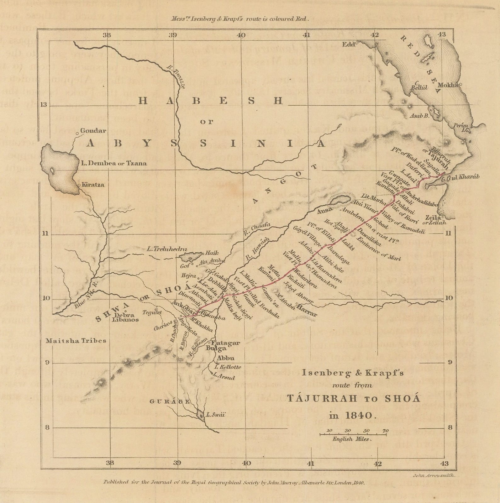 Royal Geographical Society (RGS), Isenberg & Krapf's route from Tajurrah to Shoa in 1840, 1840