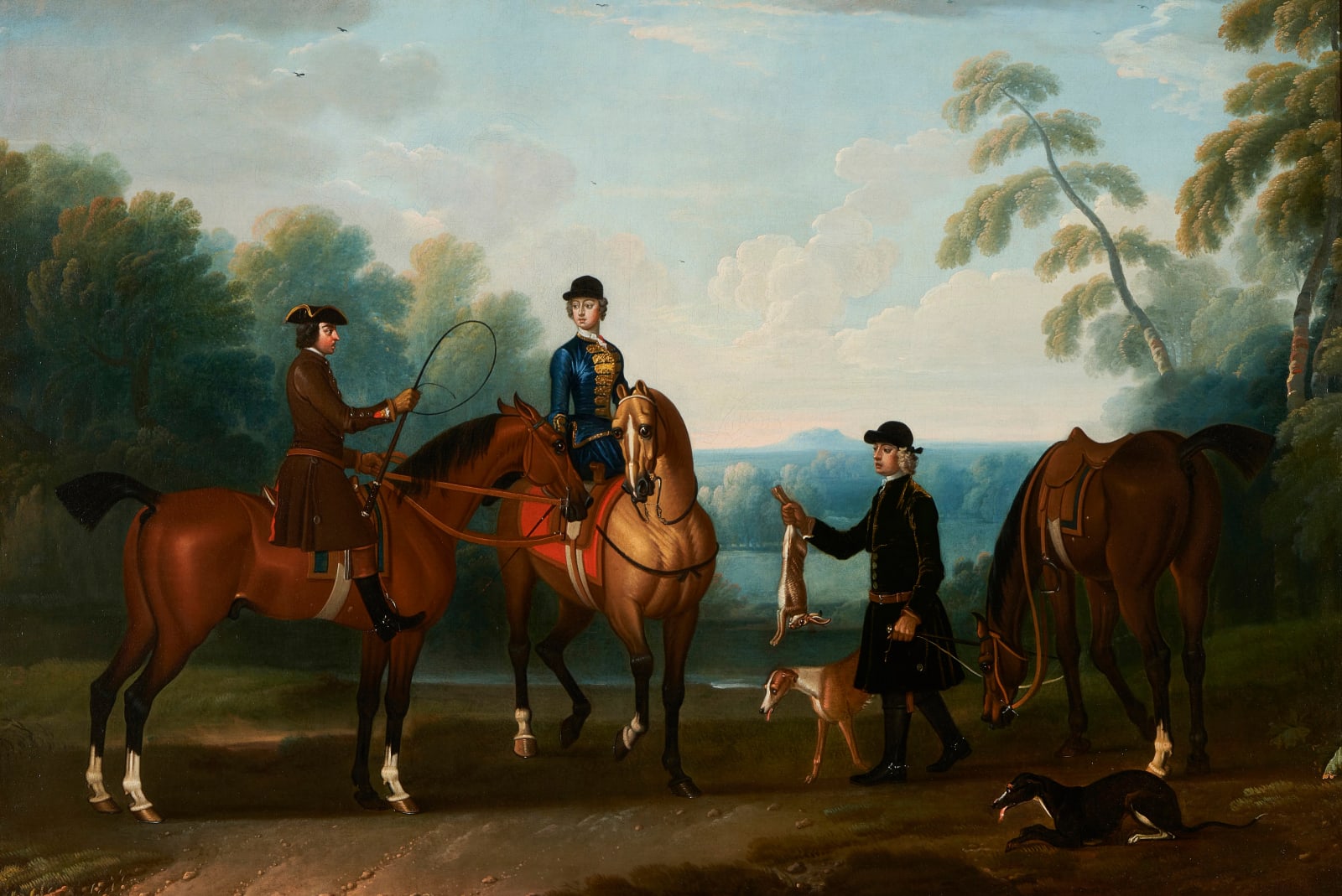 James Seymour & Thomas Spencer, An elegant lady and gentleman hare coursing in an extensive landscape