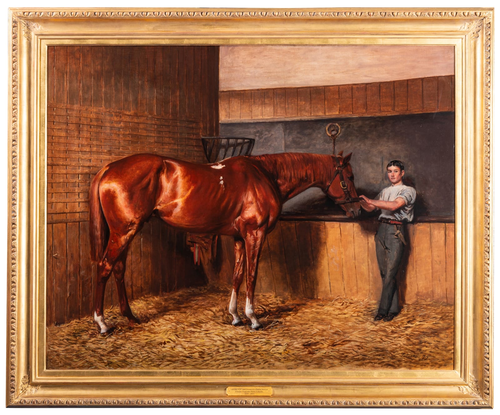 Charles Augustus Henry Lutyens (1829-1915), Avontes, a bay stallion with a groom in a stable interior