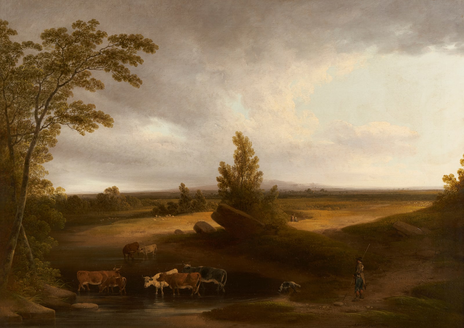 Joshua Shaw (Billingborough 1776-1860 New Jersey), An open landscape with cattle watering